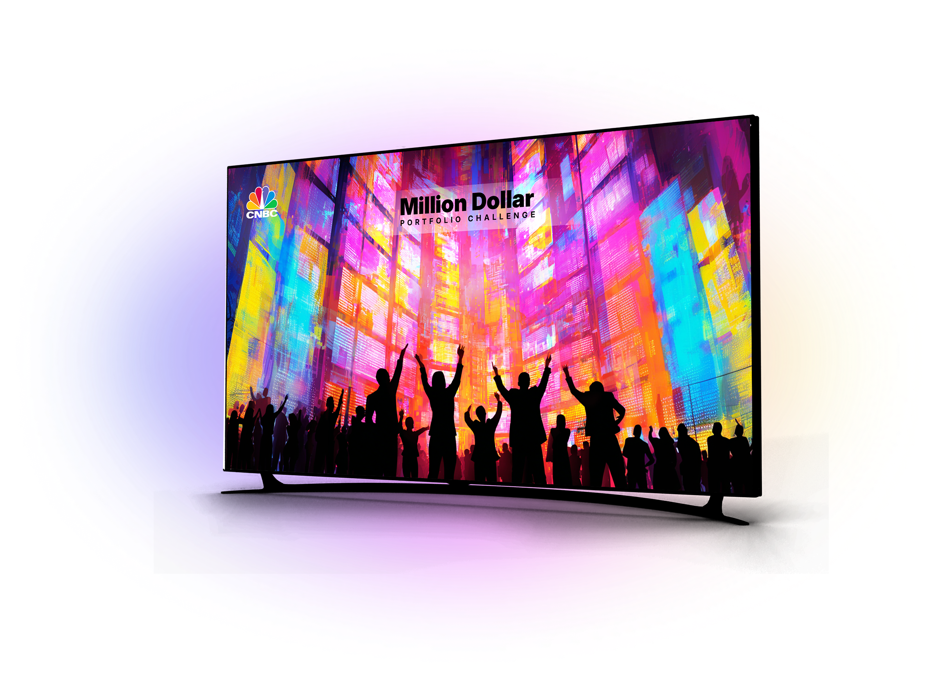 People celebrating near big screens with financial information